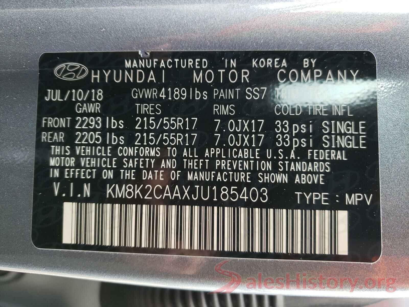 KM8K2CAAXJU185403 2018 HYUNDAI KONA