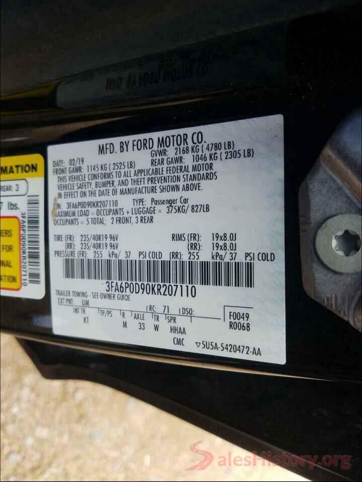 3FA6P0D90KR207110 2019 FORD FUSION