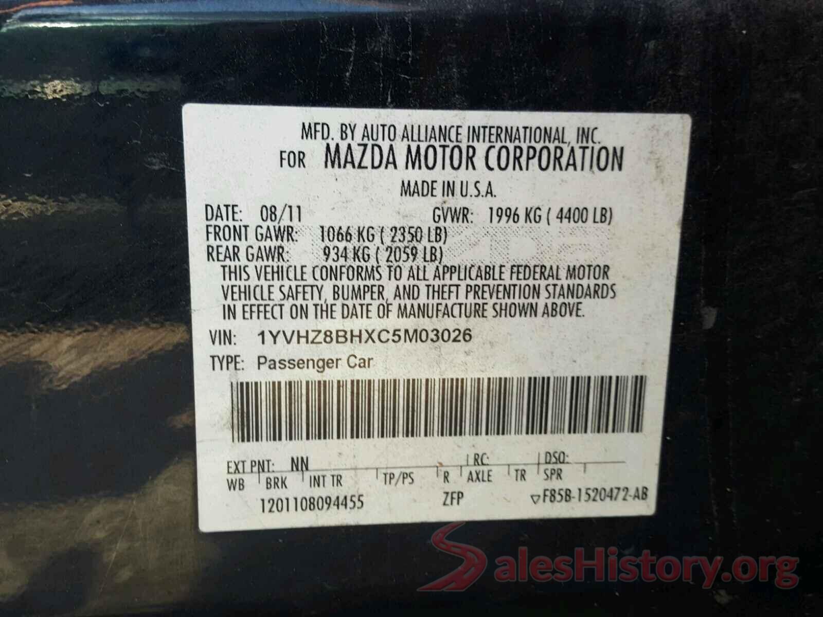 1YVHZ8BHXC5M03026 2012 MAZDA 6