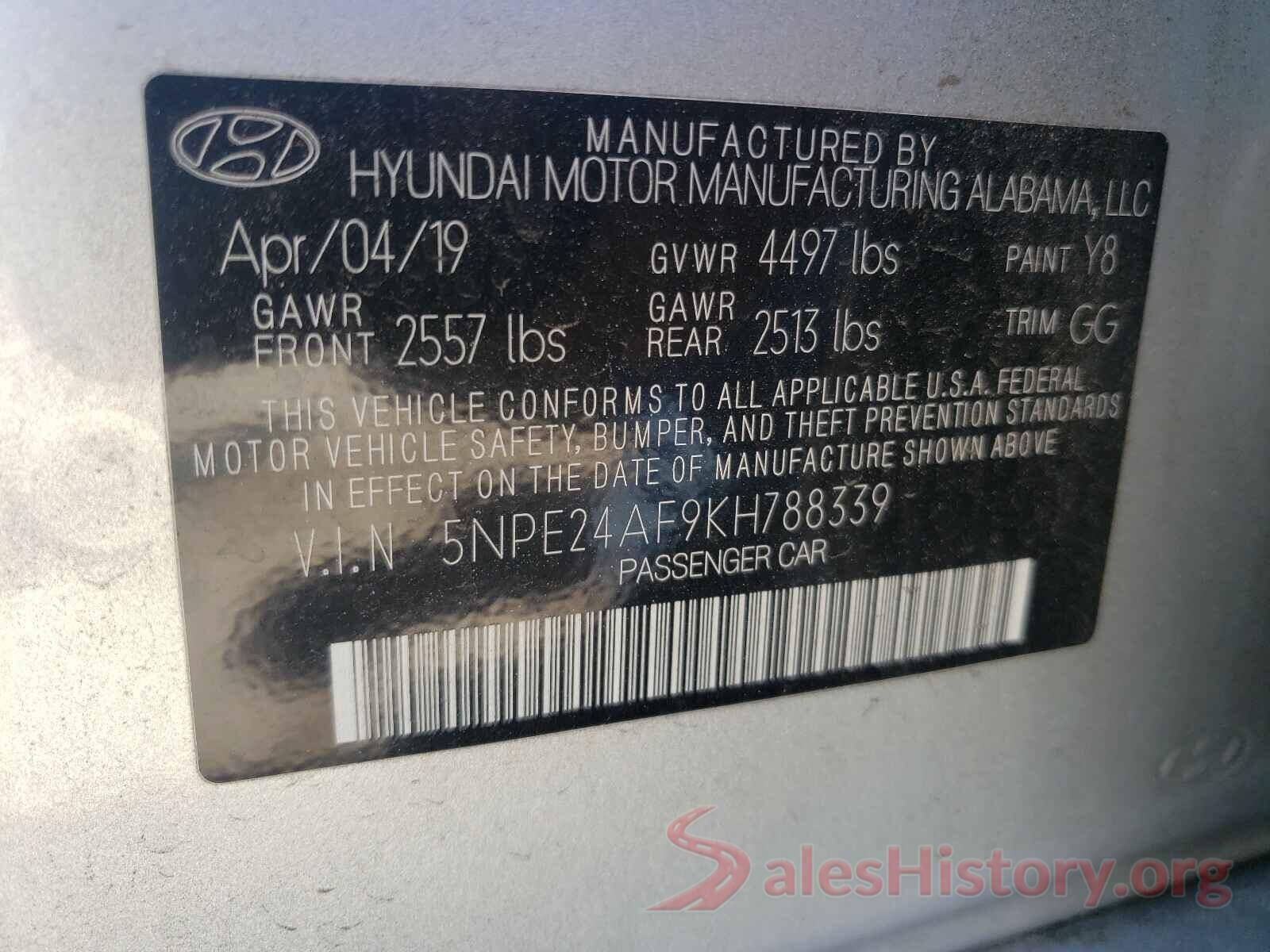 5NPE24AF9KH788339 2019 HYUNDAI SONATA