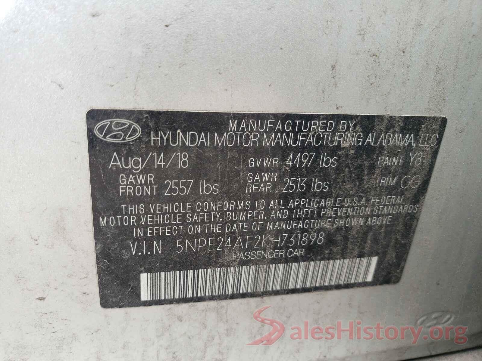 5NPE24AF2KH731898 2019 HYUNDAI SONATA