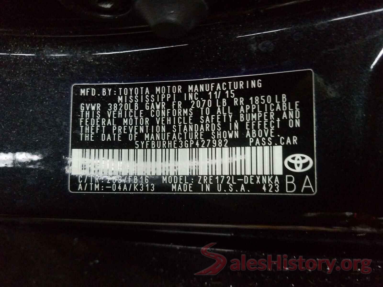 5YFBURHE3GP427982 2016 TOYOTA COROLLA