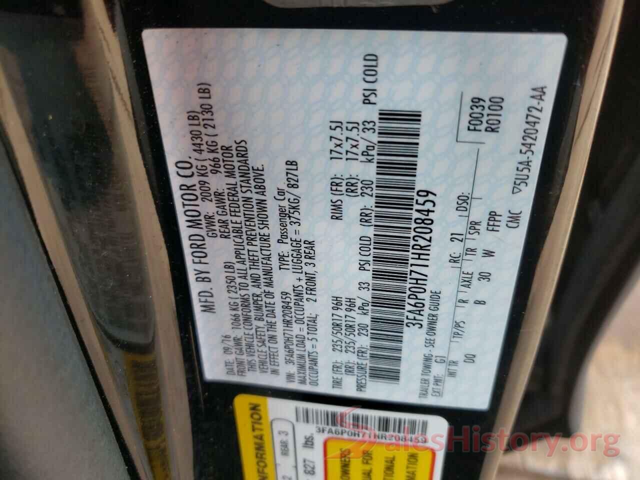 3FA6P0H71HR208459 2017 FORD FUSION