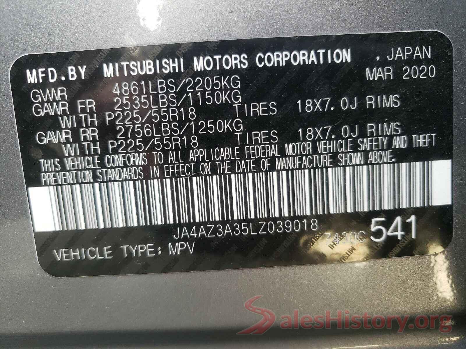 JA4AZ3A35LZ039018 2020 MITSUBISHI OUTLANDER