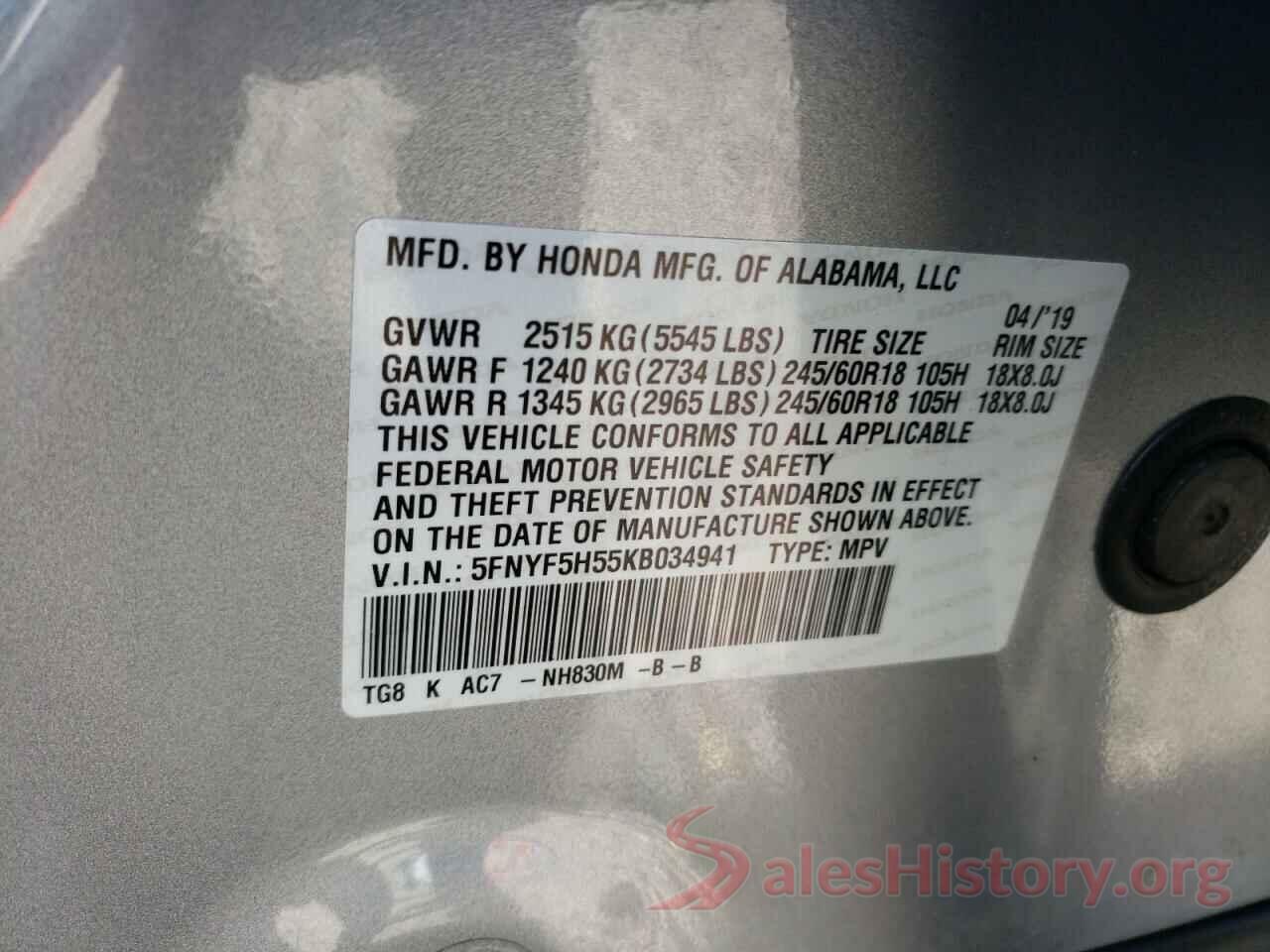 5FNYF5H55KB034941 2019 HONDA PILOT