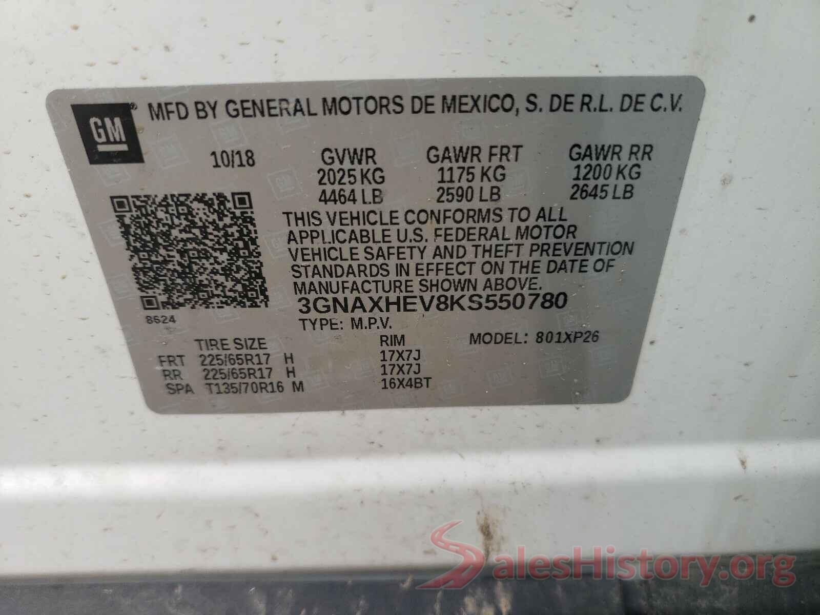 3GNAXHEV8KS550780 2019 CHEVROLET EQUINOX