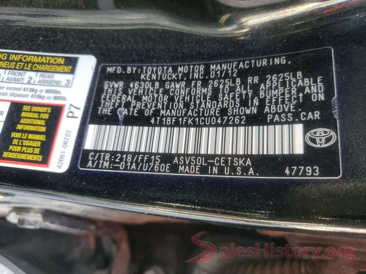 4T1BF1FK1CU047262 2012 TOYOTA CAMRY