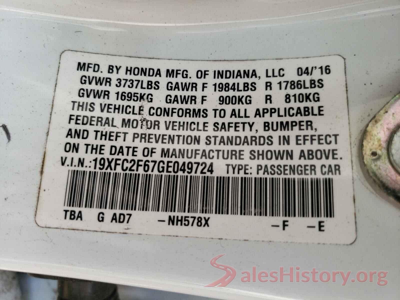 19XFC2F67GE049724 2016 HONDA CIVIC