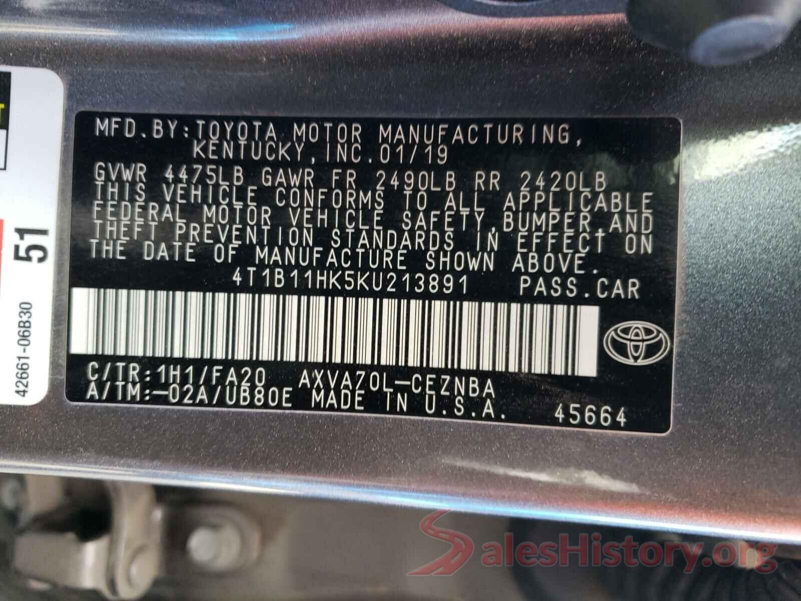 4T1B11HK5KU213891 2019 TOYOTA CAMRY