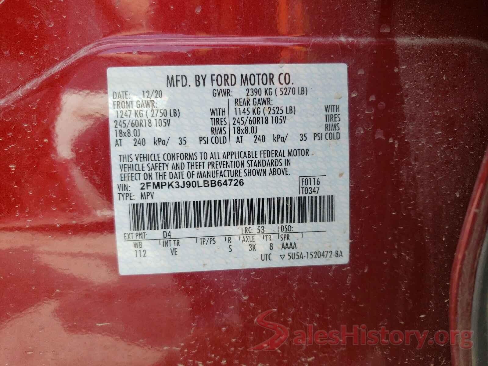 2FMPK3J90LBB64726 2020 FORD EDGE