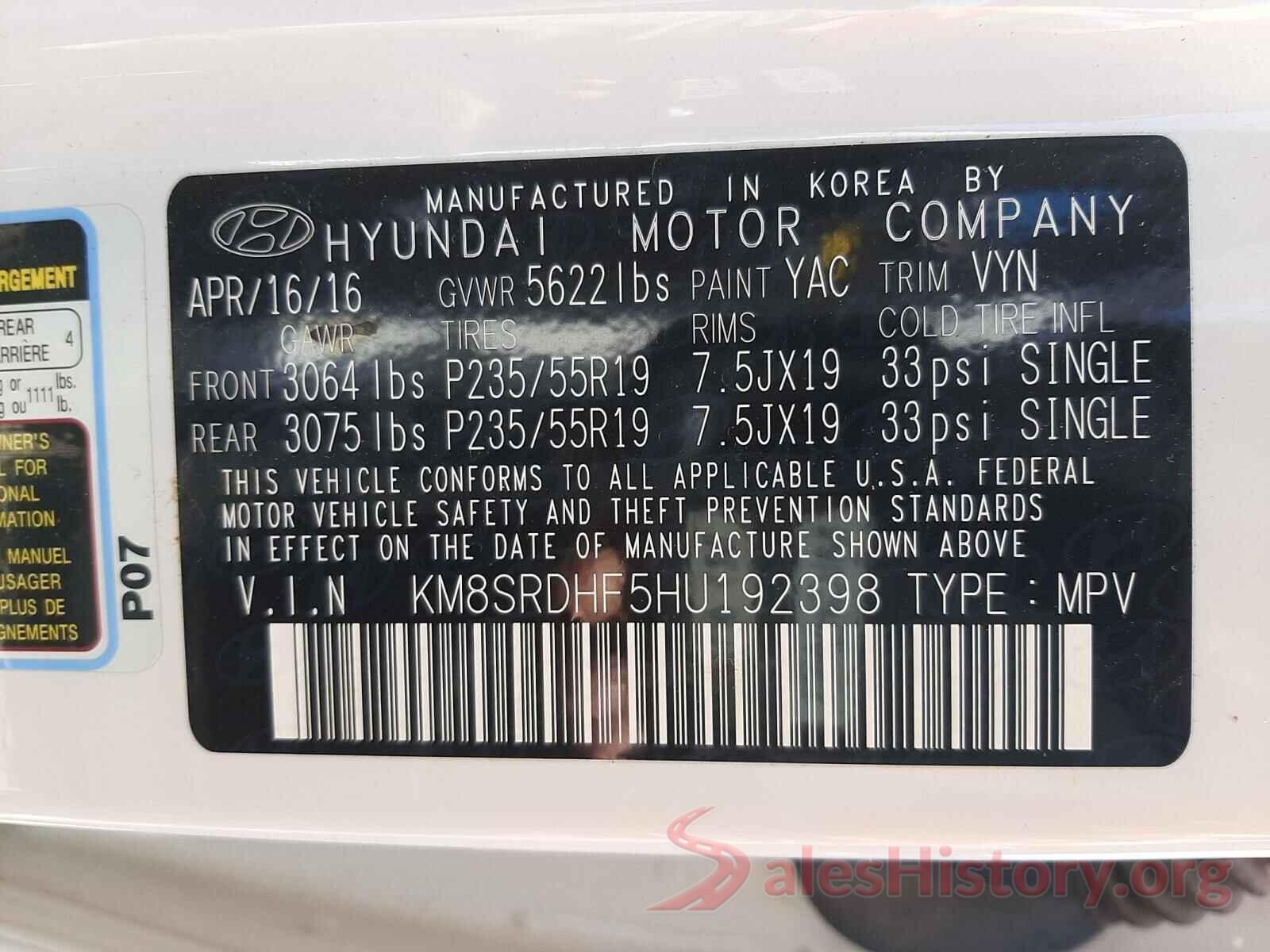 KM8SRDHF5HU192398 2017 HYUNDAI SANTA FE