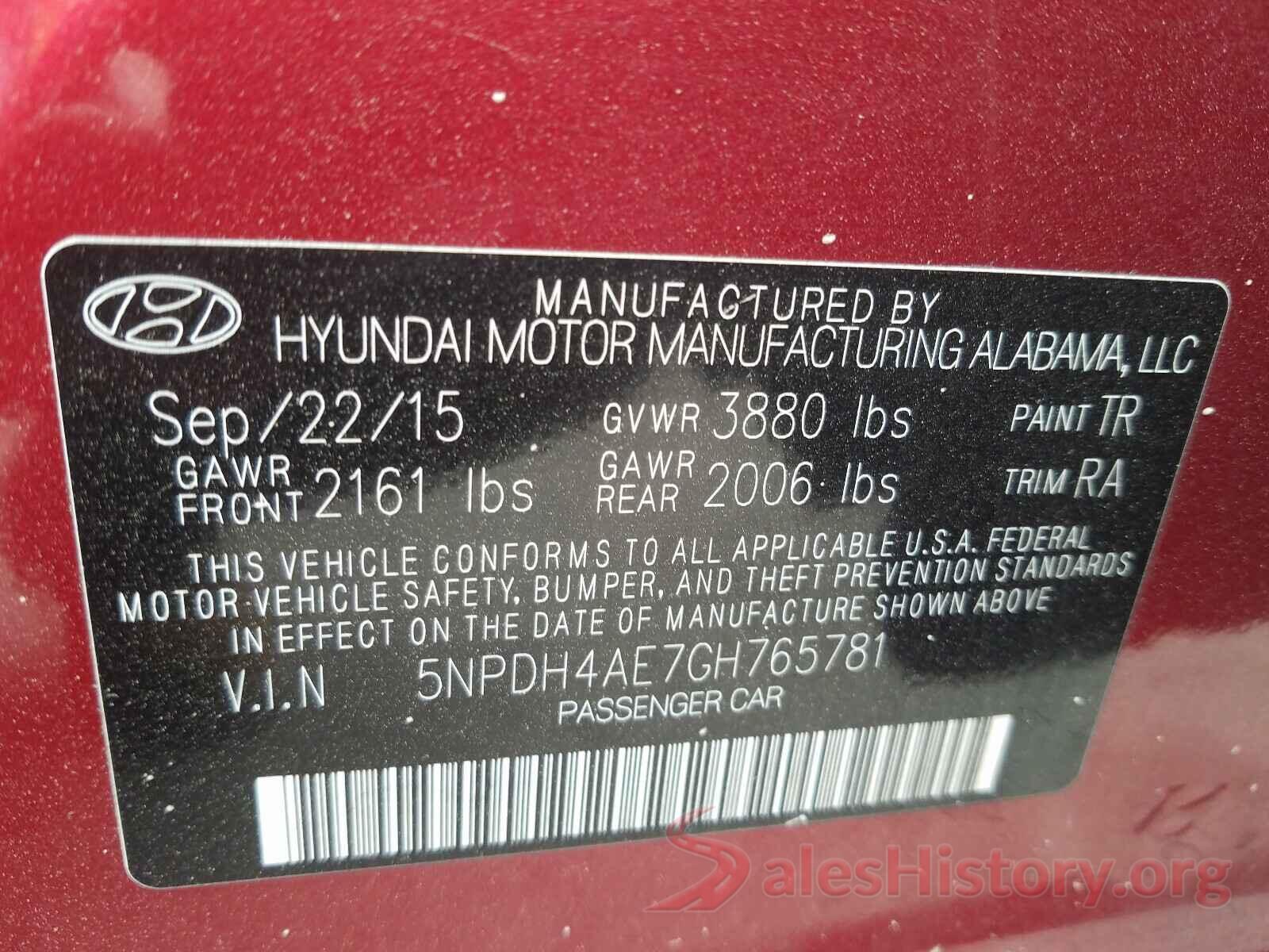 5NPDH4AE7GH765781 2016 HYUNDAI ELANTRA