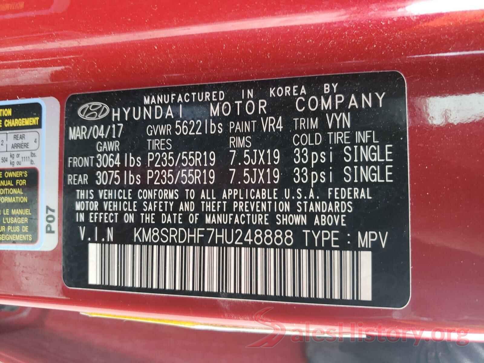 KM8SRDHF7HU248888 2017 HYUNDAI SANTA FE