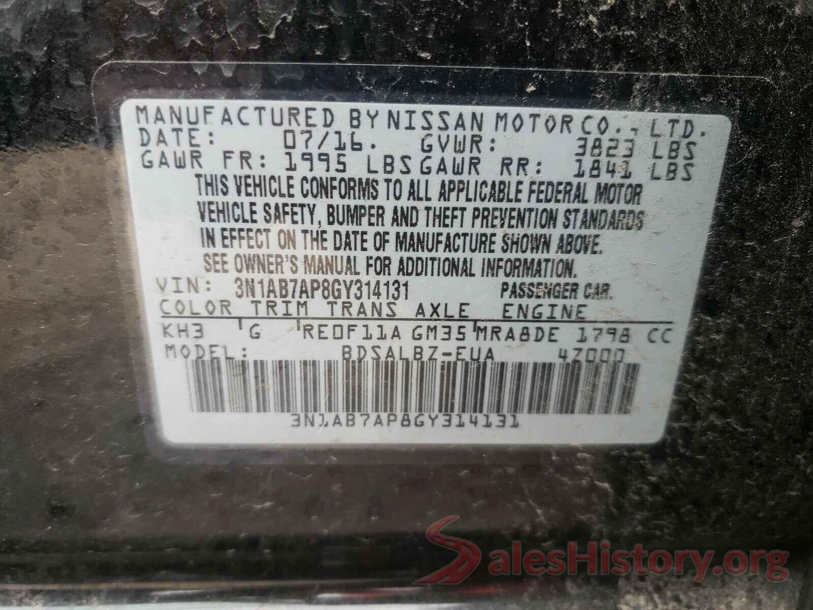 3N1AB7AP8GY314131 2016 NISSAN SENTRA