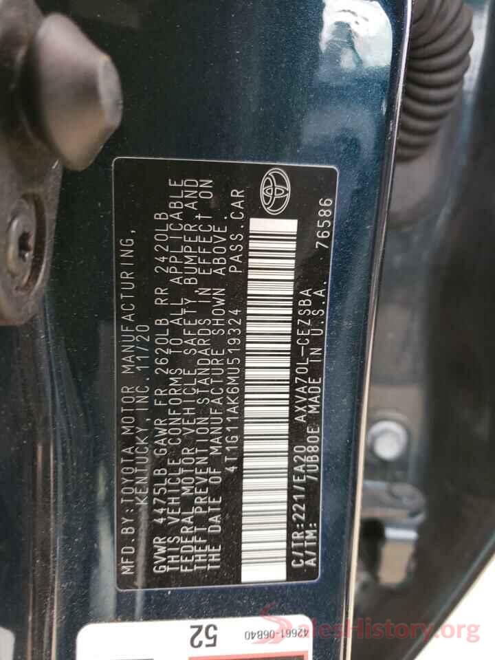 4T1G11AK6MU519324 2021 TOYOTA CAMRY