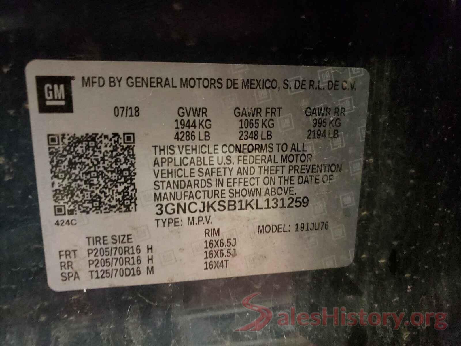 3GNCJKSB1KL131259 2019 CHEVROLET TRAX