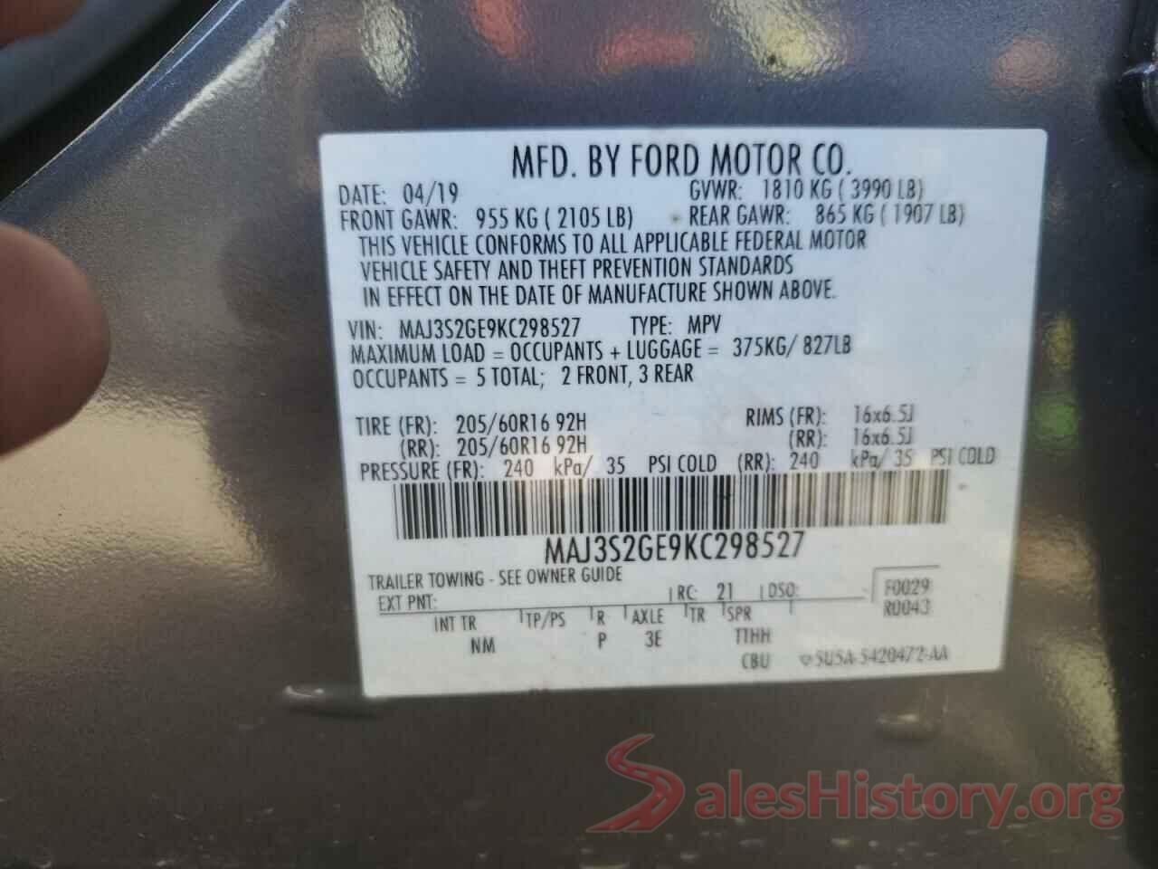 MAJ3S2GE9KC298527 2019 FORD ECOSPORT