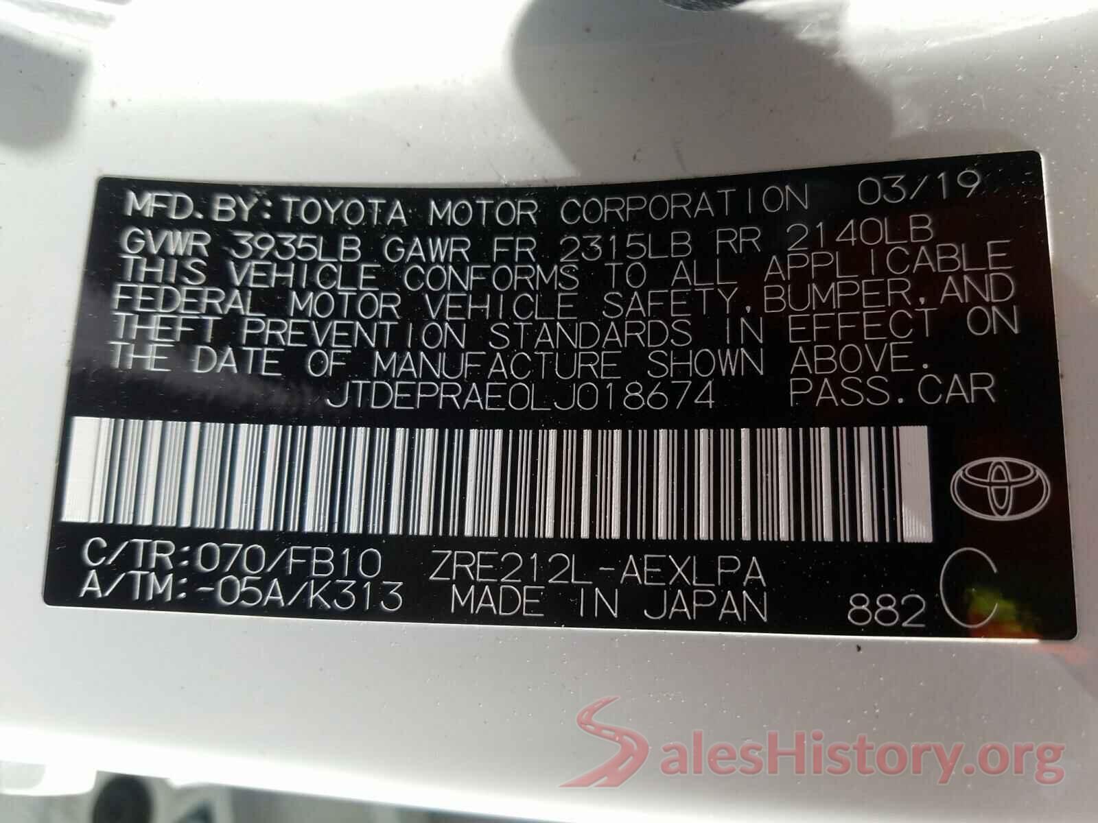 JTDEPRAE0LJ018674 2020 TOYOTA COROLLA