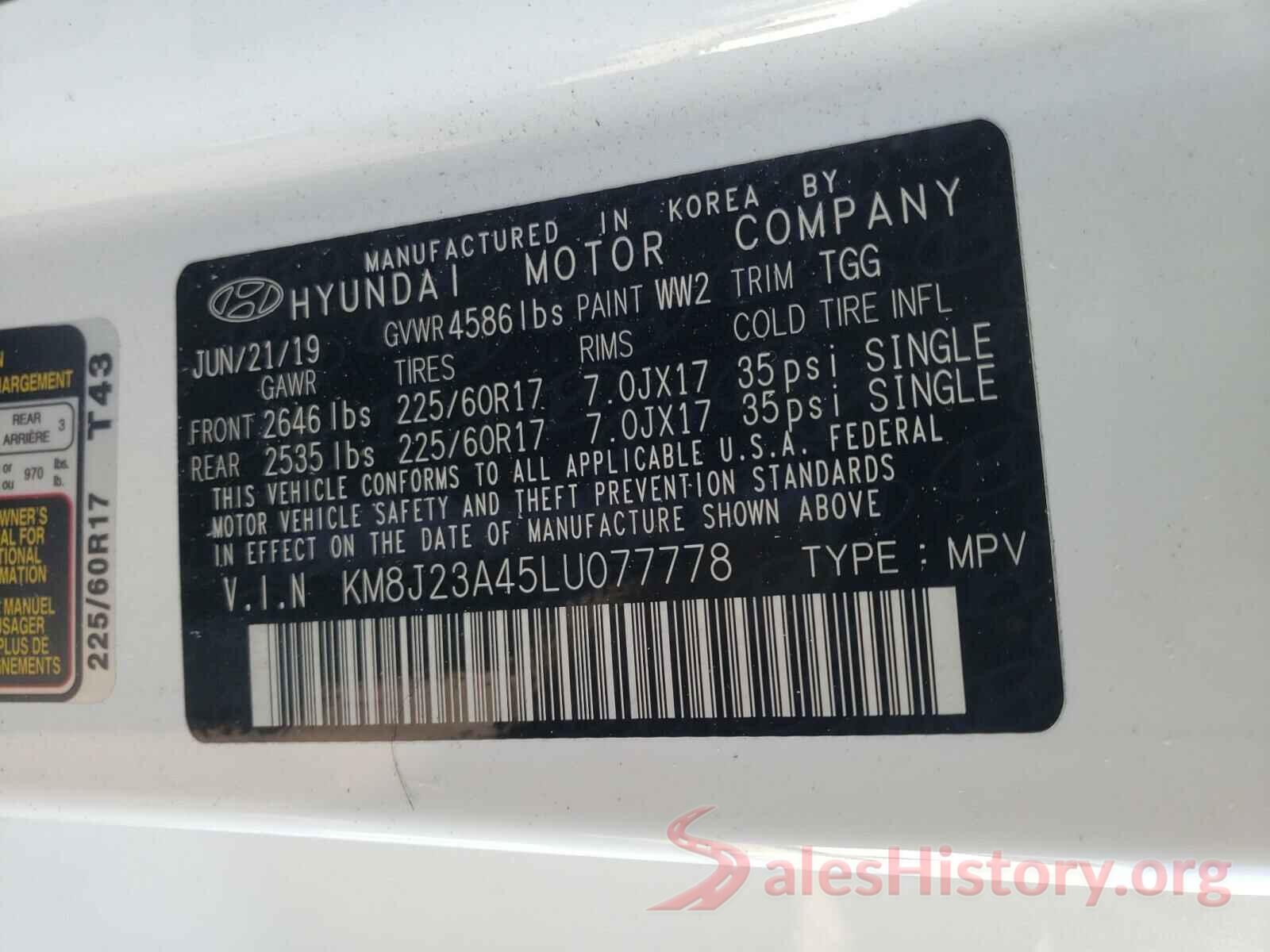 KM8J23A45LU077778 2020 HYUNDAI TUCSON