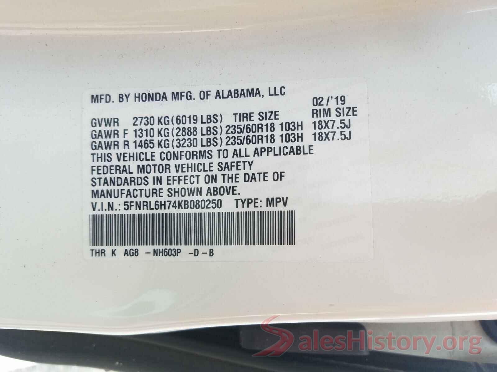 5FNRL6H74KB080250 2019 HONDA ODYSSEY