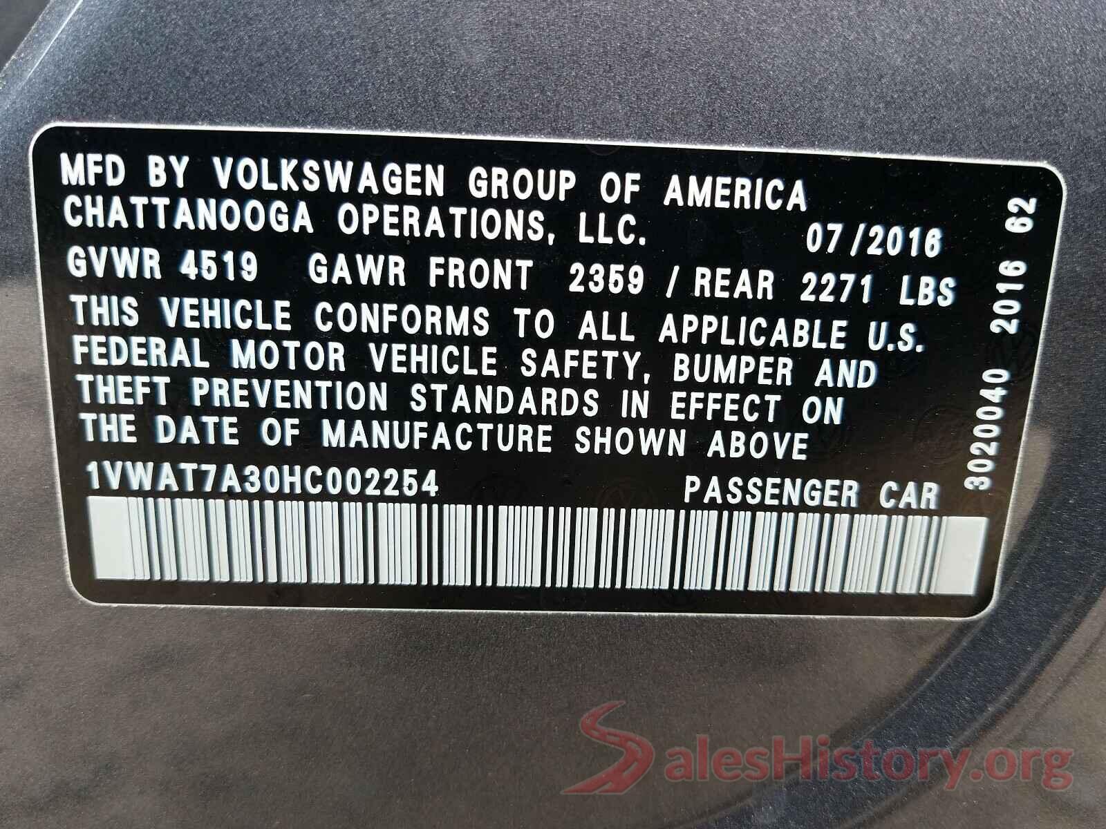 1VWAT7A30HC002254 2017 VOLKSWAGEN PASSAT