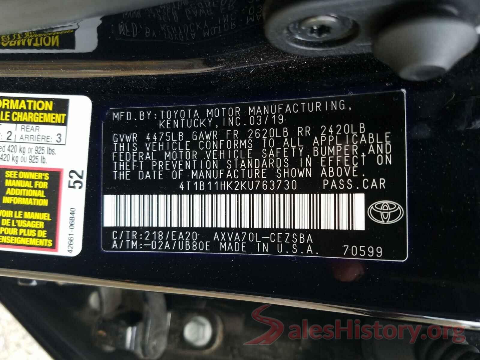 4T1B11HK2KU763730 2019 TOYOTA CAMRY