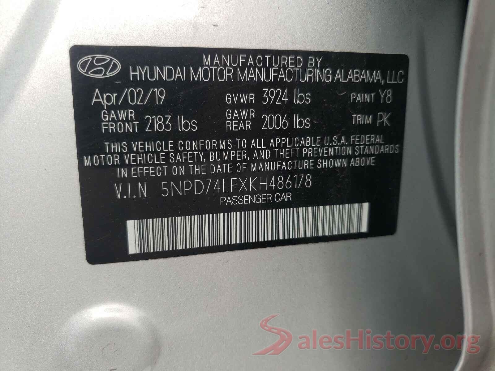 5NPD74LFXKH486178 2019 HYUNDAI ELANTRA