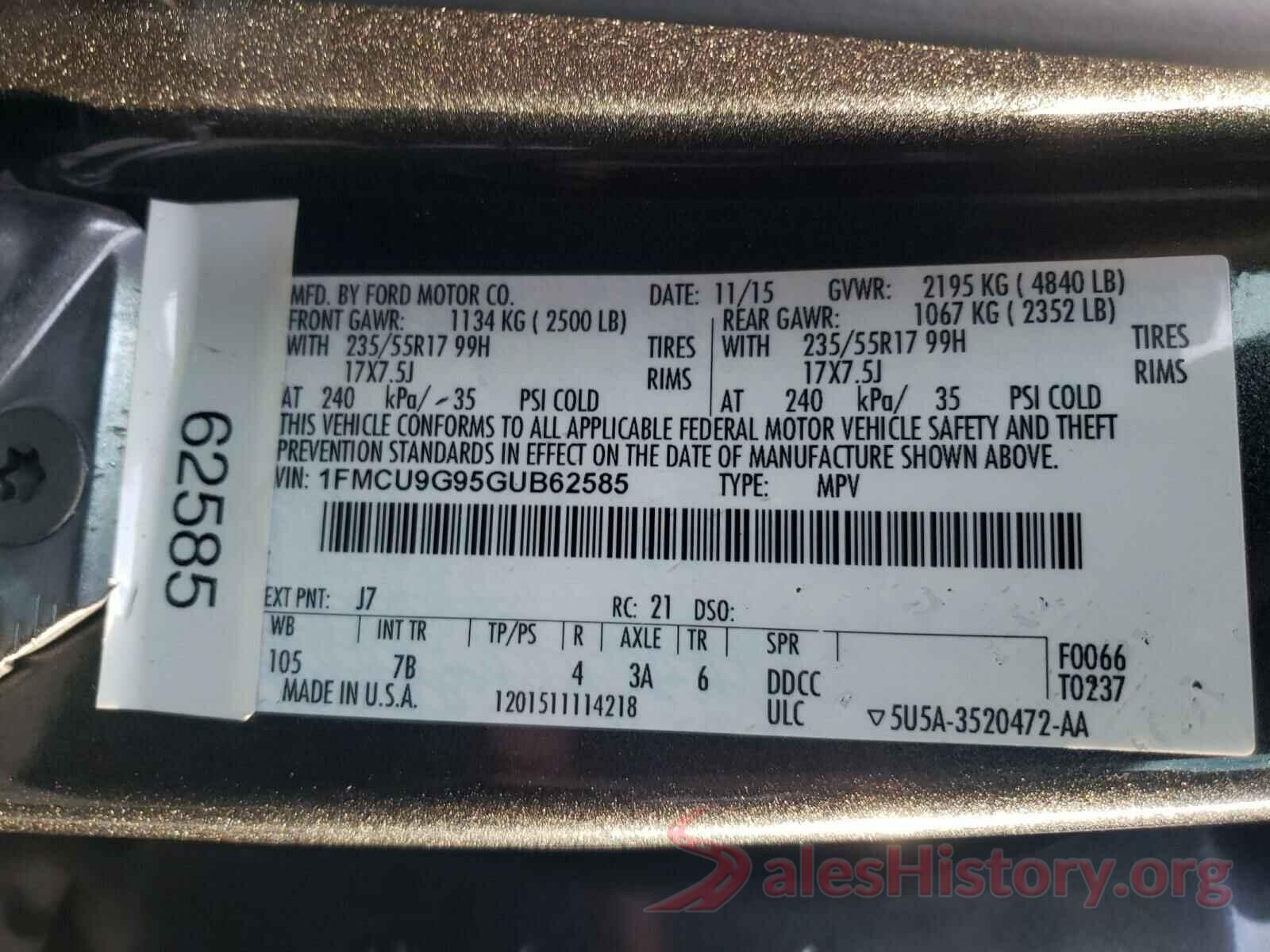 1FMCU9G95GUB62585 2016 FORD ESCAPE