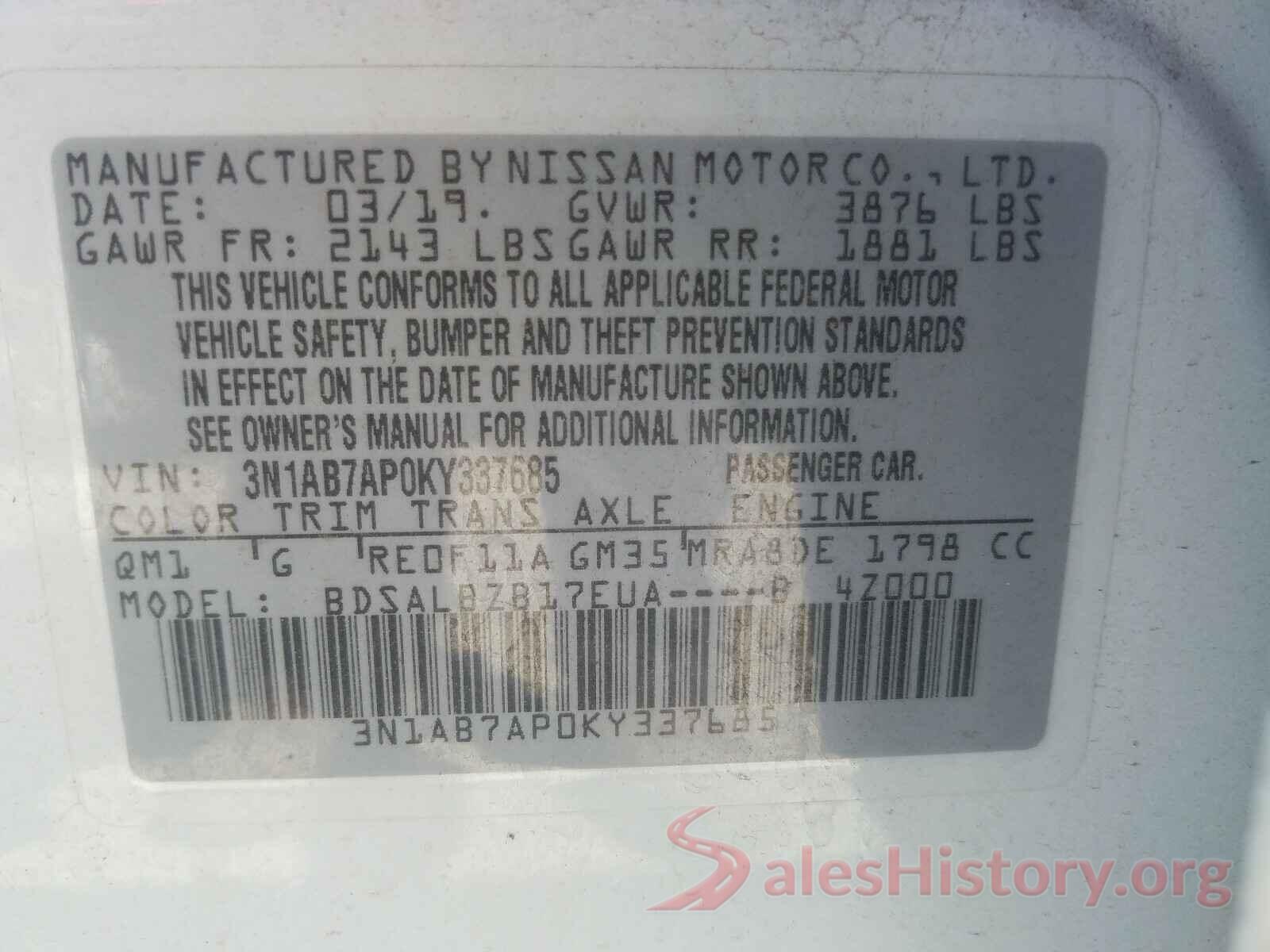 3N1AB7AP0KY337685 2019 NISSAN SENTRA