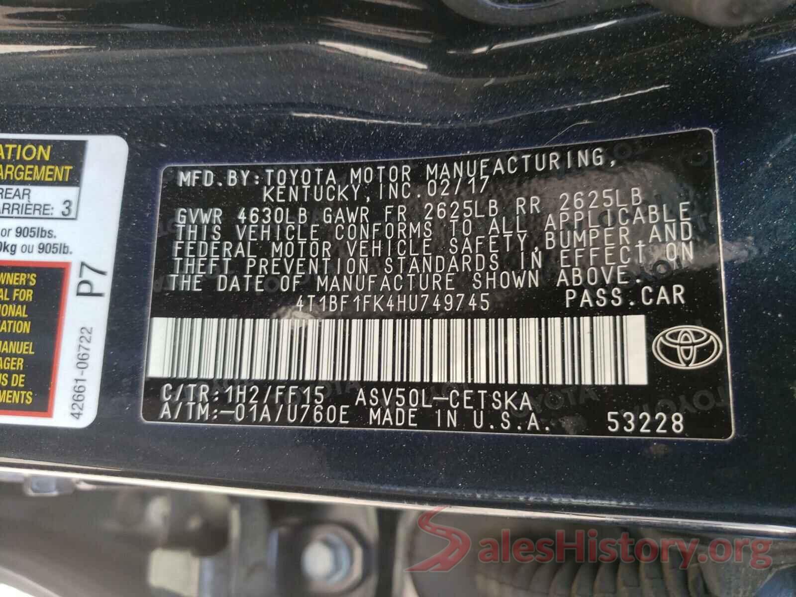 4T1BF1FK4HU749745 2017 TOYOTA CAMRY