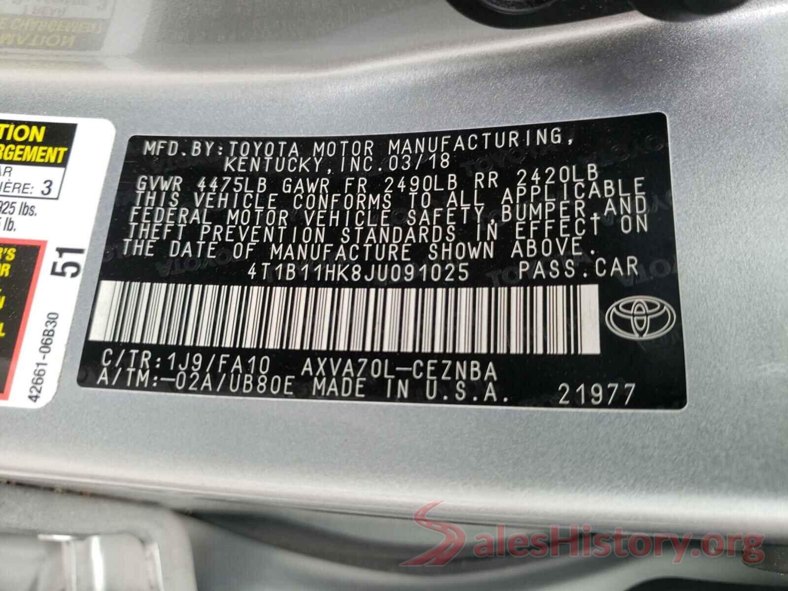 4T1B11HK8JU091025 2018 TOYOTA CAMRY