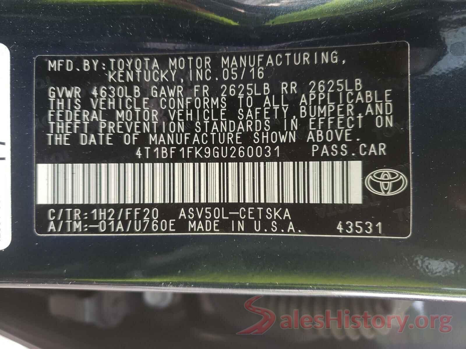 4T1BF1FK9GU260031 2016 TOYOTA CAMRY