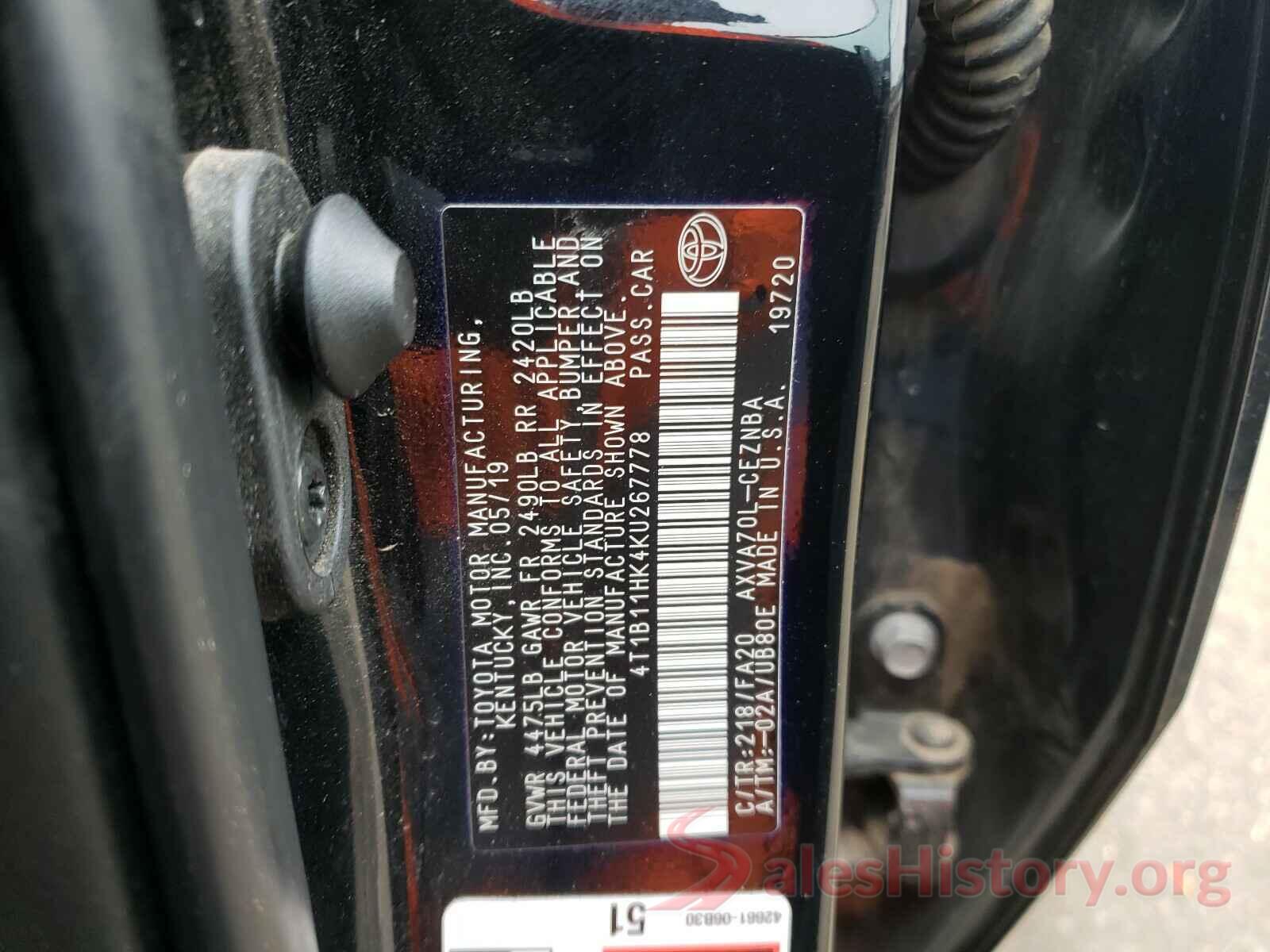 4T1B11HK4KU267778 2019 TOYOTA CAMRY