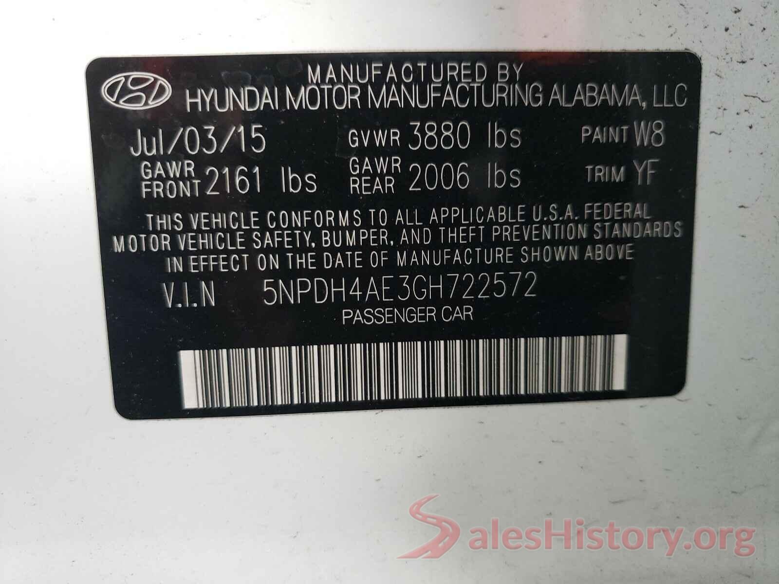 5NPDH4AE3GH722572 2016 HYUNDAI ELANTRA