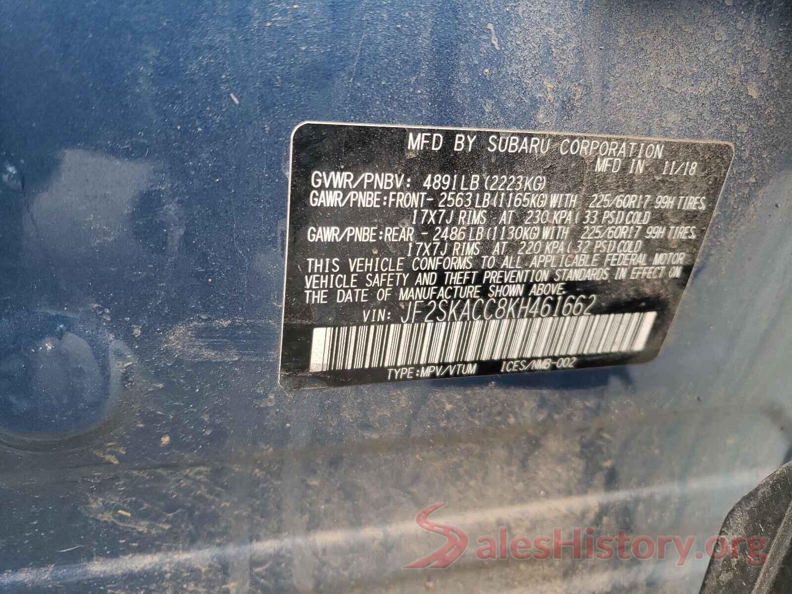 JF2SKACC8KH461662 2019 SUBARU FORESTER