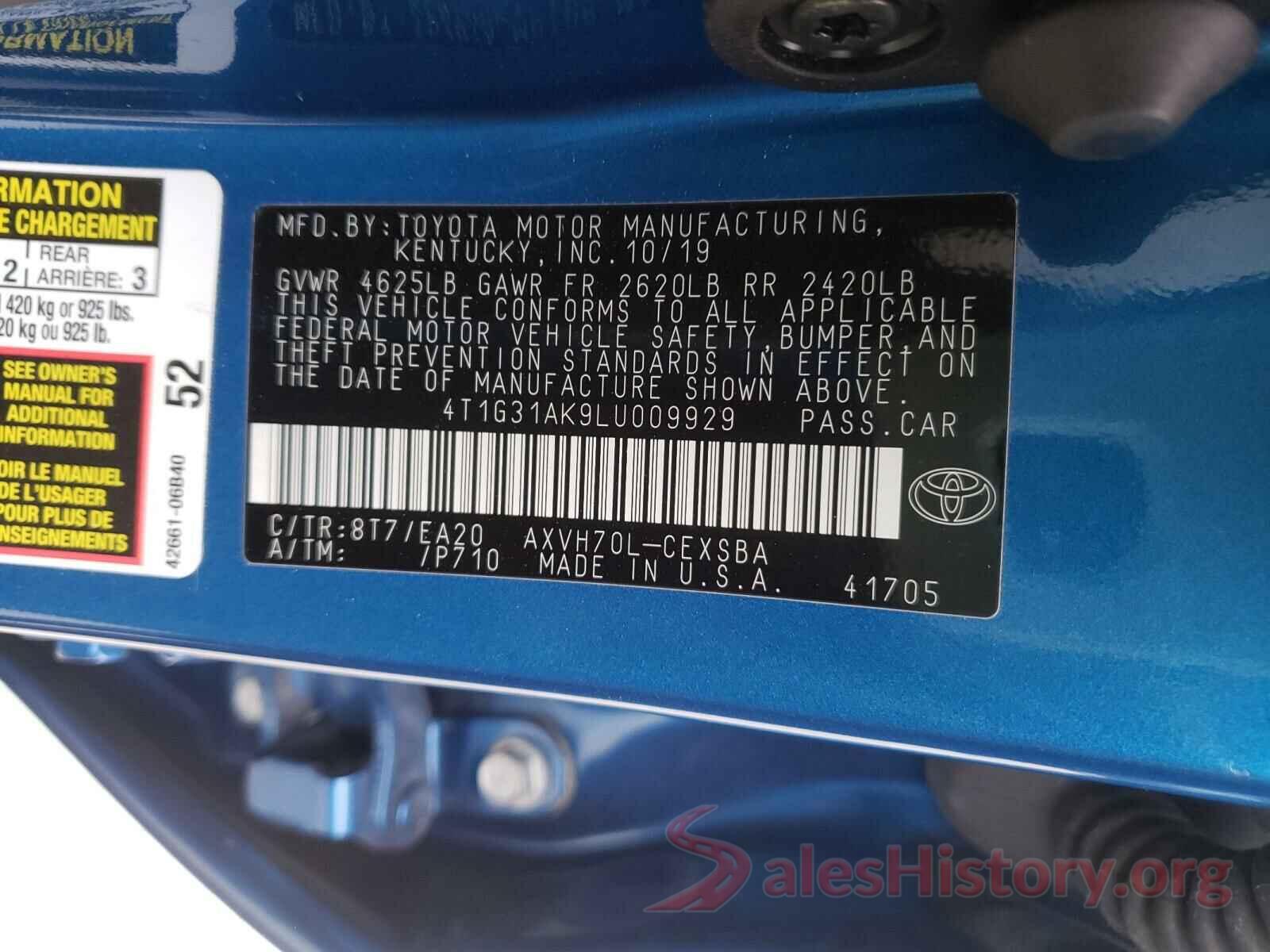 4T1G31AK9LU009929 2020 TOYOTA CAMRY