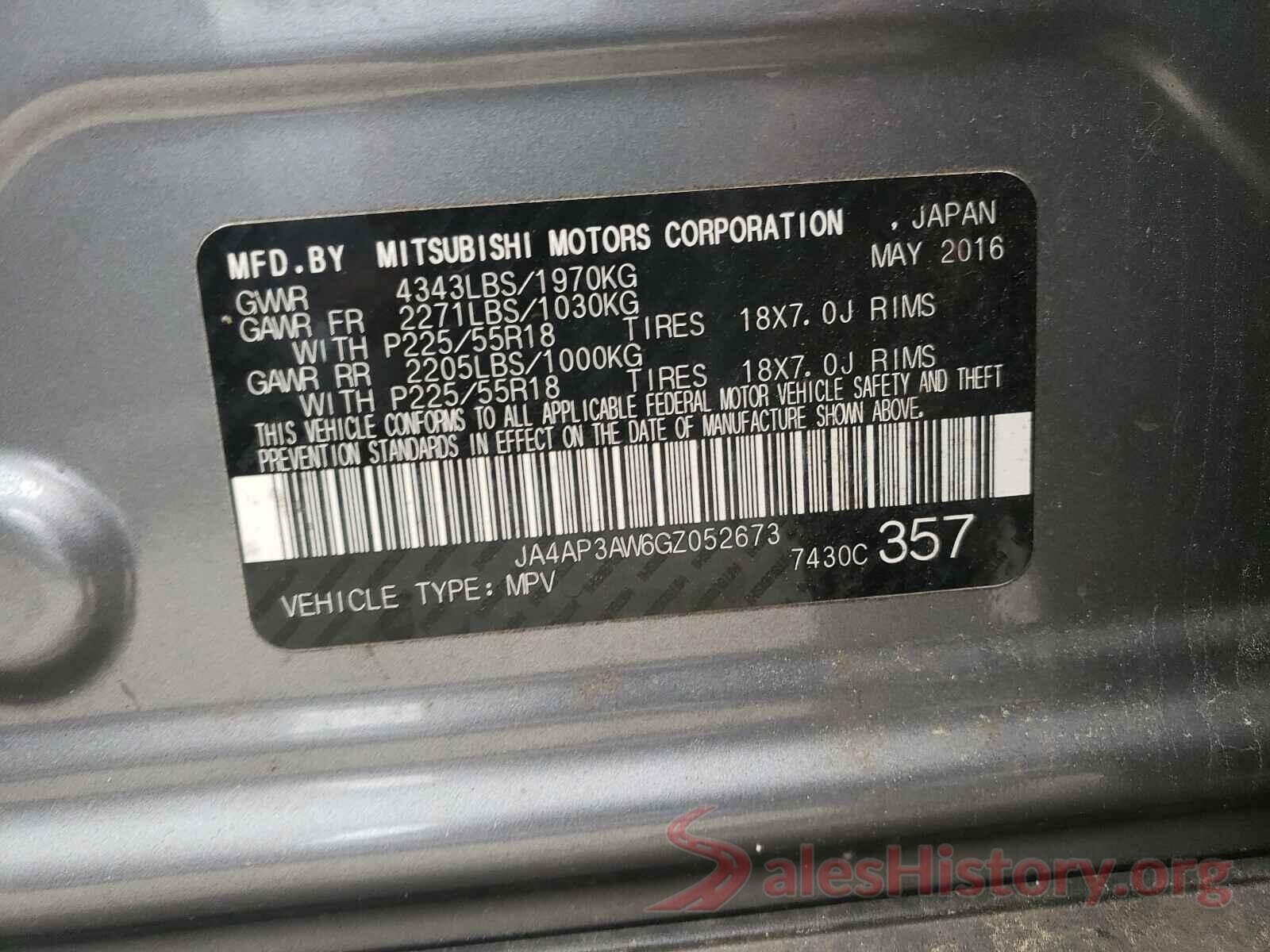 JA4AP3AW6GZ052673 2016 MITSUBISHI OUTLANDER