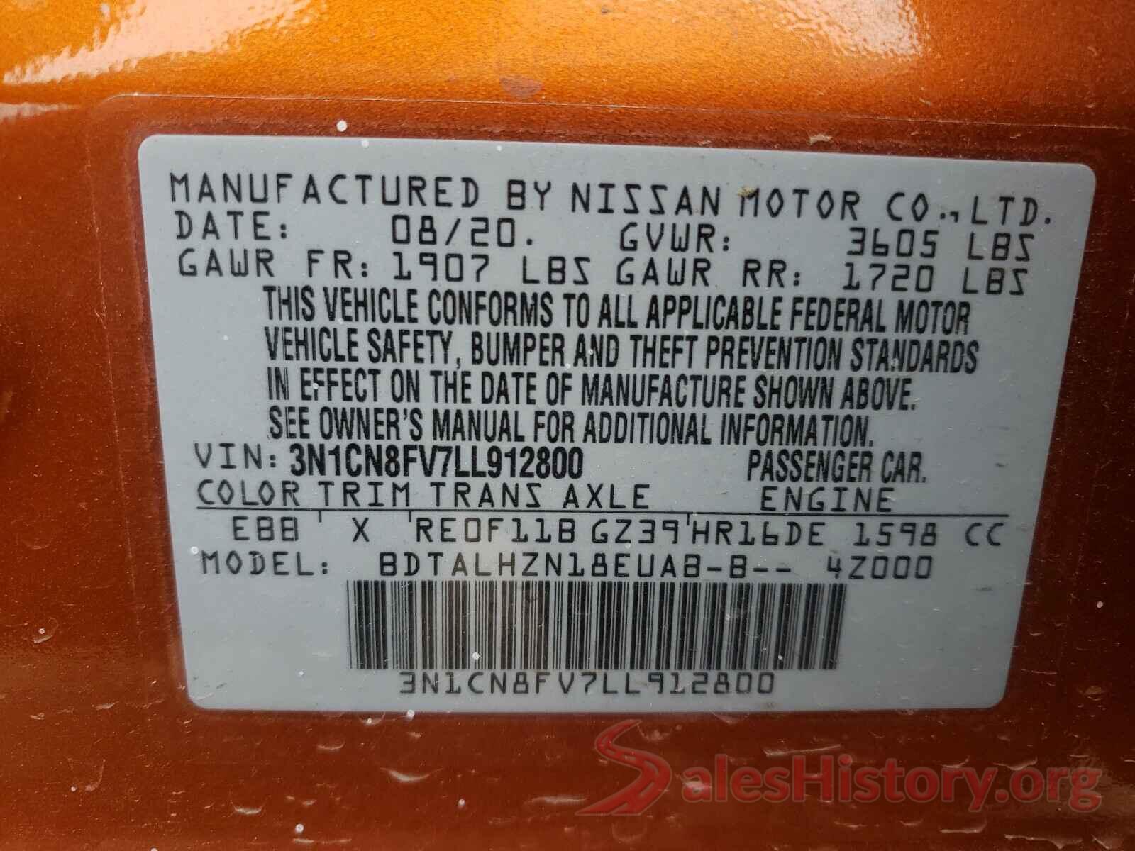 3N1CN8FV7LL912800 2020 NISSAN VERSA