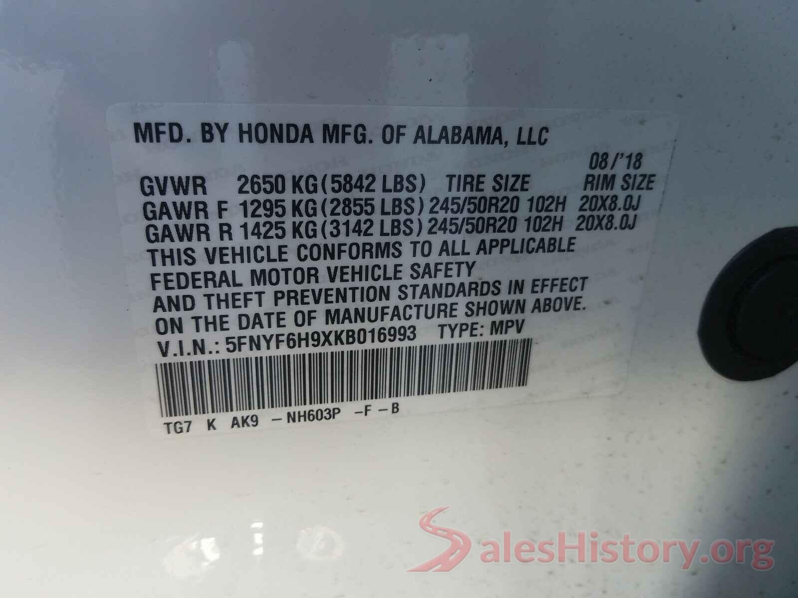 5FNYF6H9XKB016993 2019 HONDA PILOT