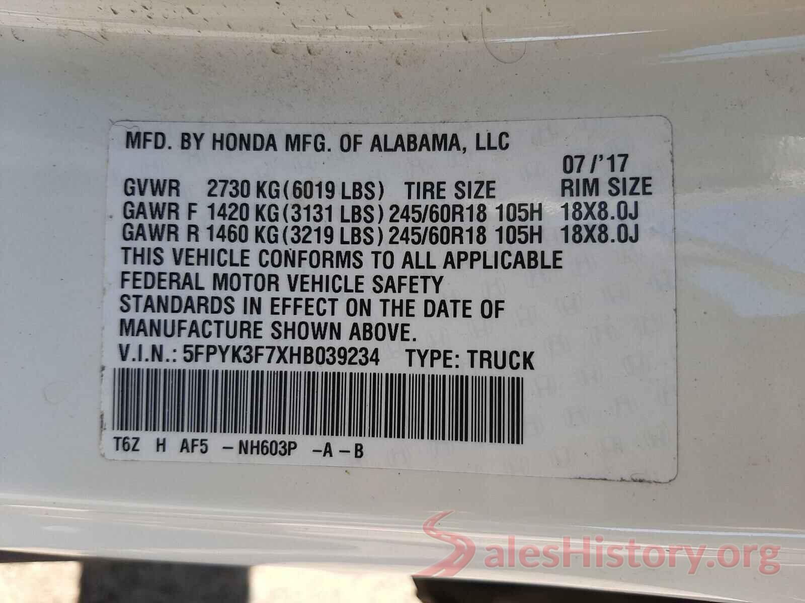 5FPYK3F7XHB039234 2017 HONDA RIDGELINE