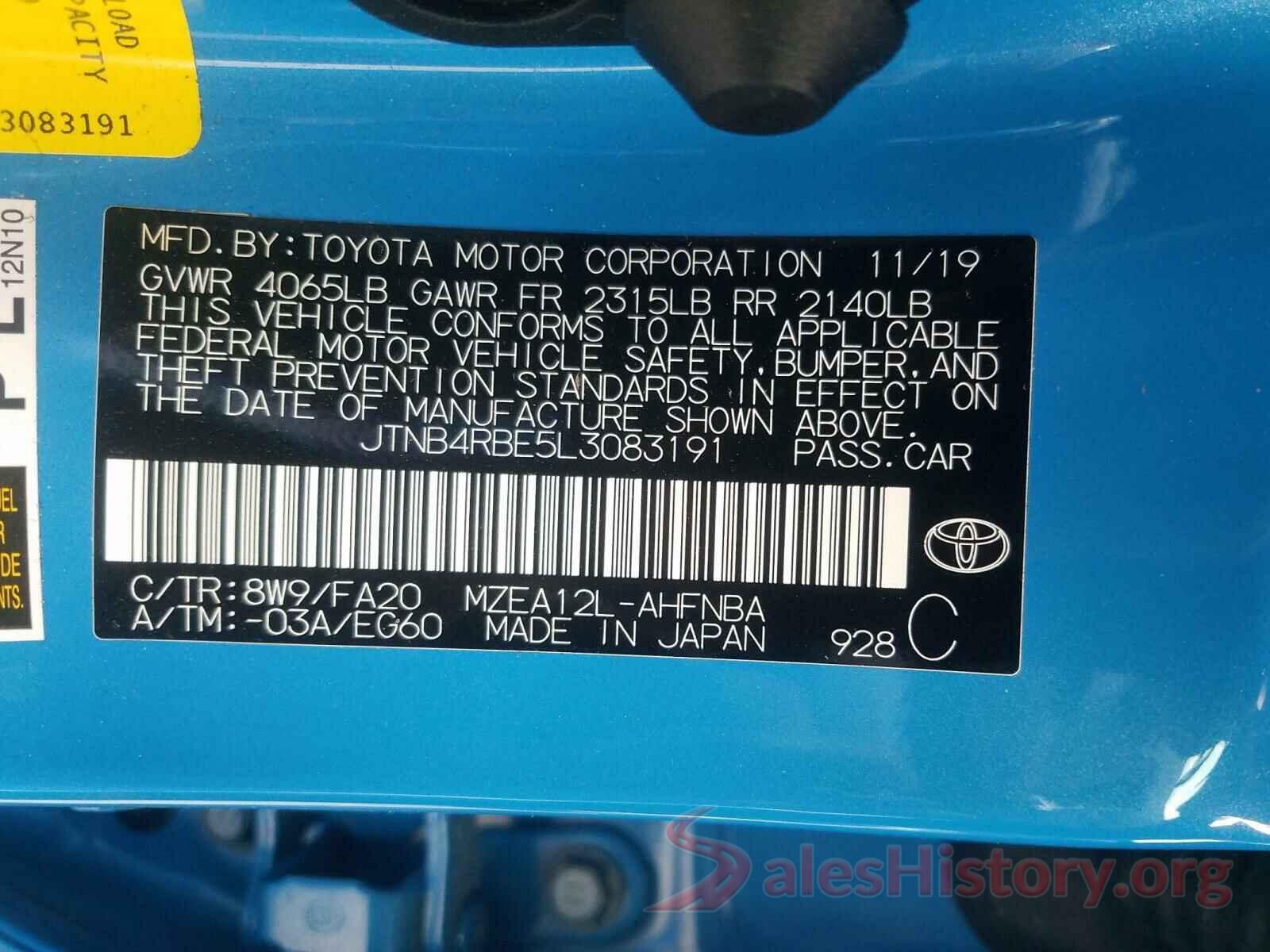 JTNB4RBE5L3083191 2020 TOYOTA COROLLA