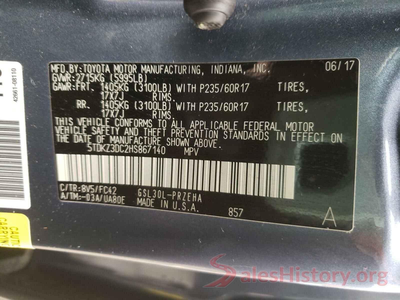 5TDKZ3DC2HS867140 2017 TOYOTA SIENNA