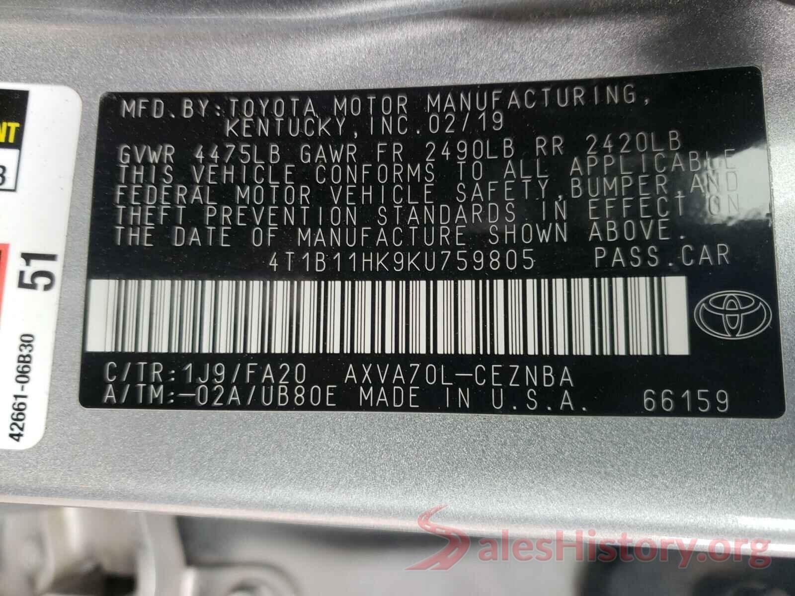 4T1B11HK9KU759805 2019 TOYOTA CAMRY