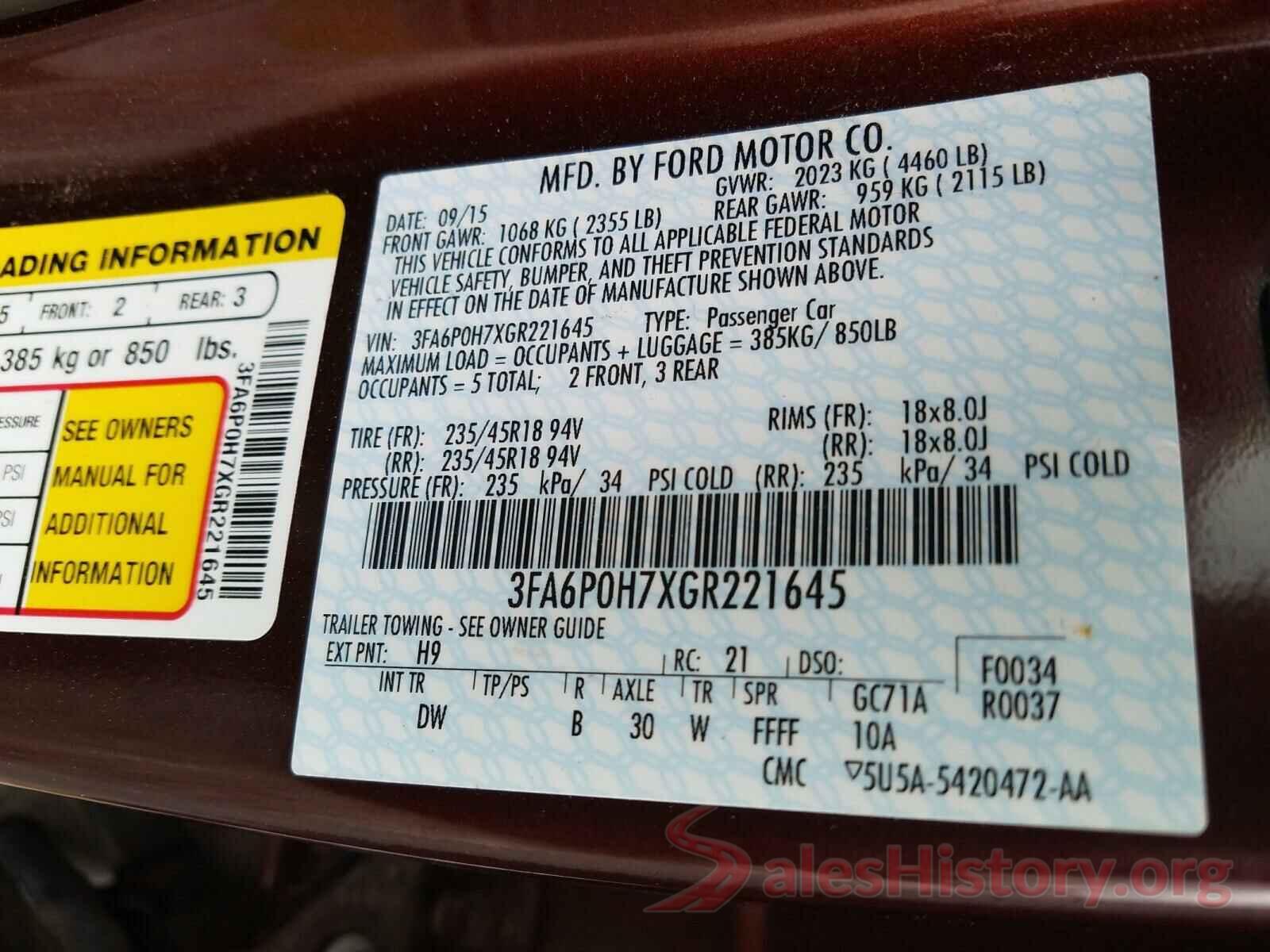 3FA6P0H7XGR221645 2016 FORD FUSION