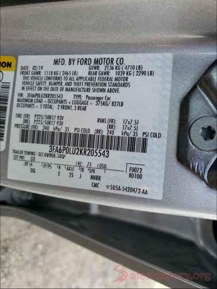 3FA6P0LU2KR205543 2019 FORD FUSION