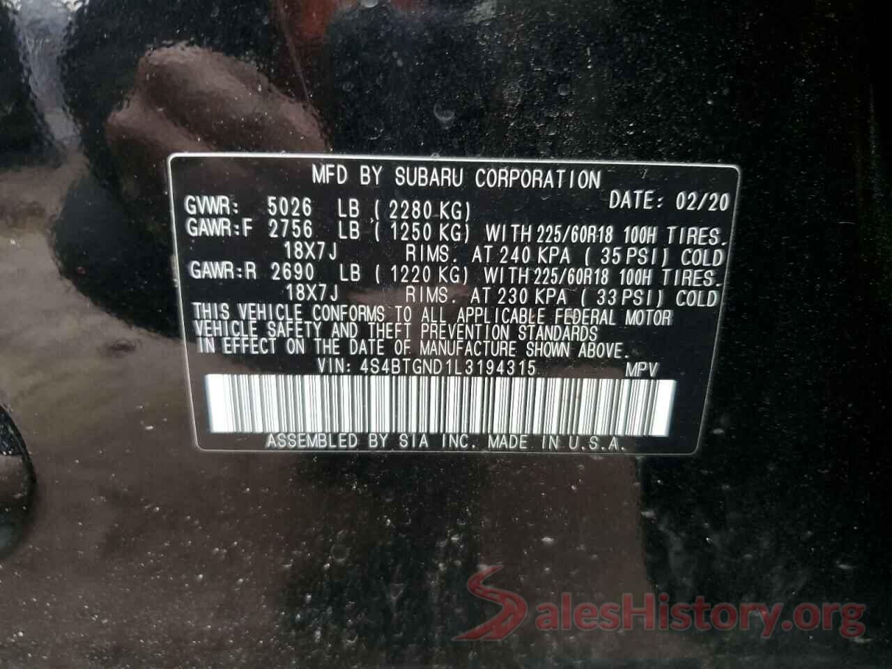 4S4BTGND1L3194315 2020 SUBARU OUTBACK