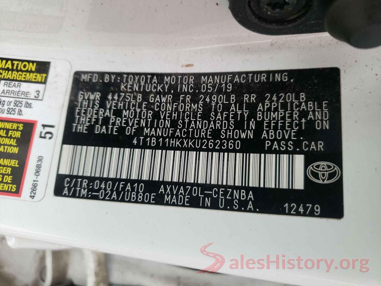 4T1B11HKXKU262360 2019 TOYOTA CAMRY