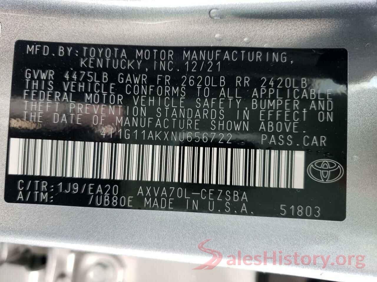 4T1G11AKXNU656722 2022 TOYOTA CAMRY