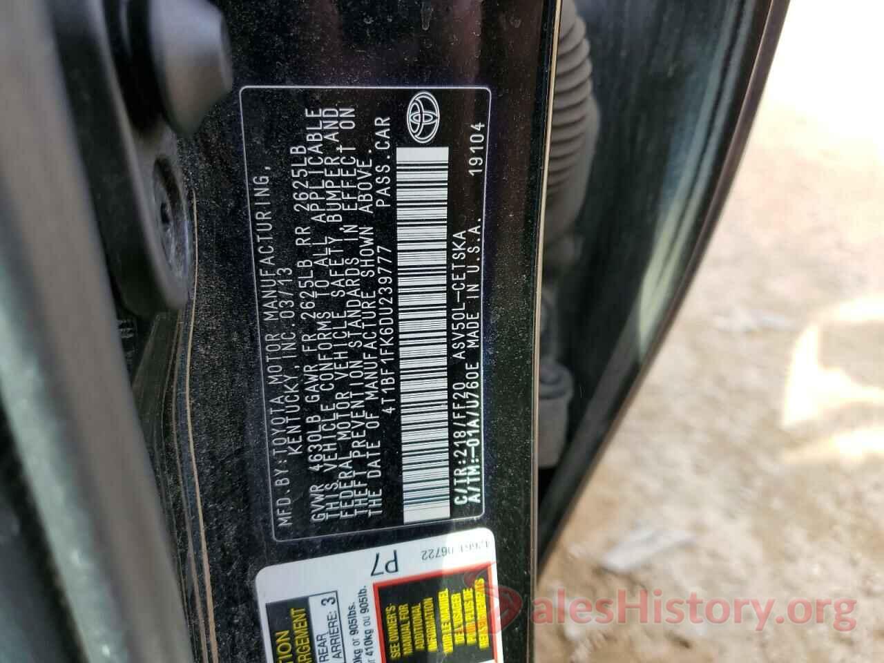 4T1BF1FK6DU239777 2013 TOYOTA CAMRY