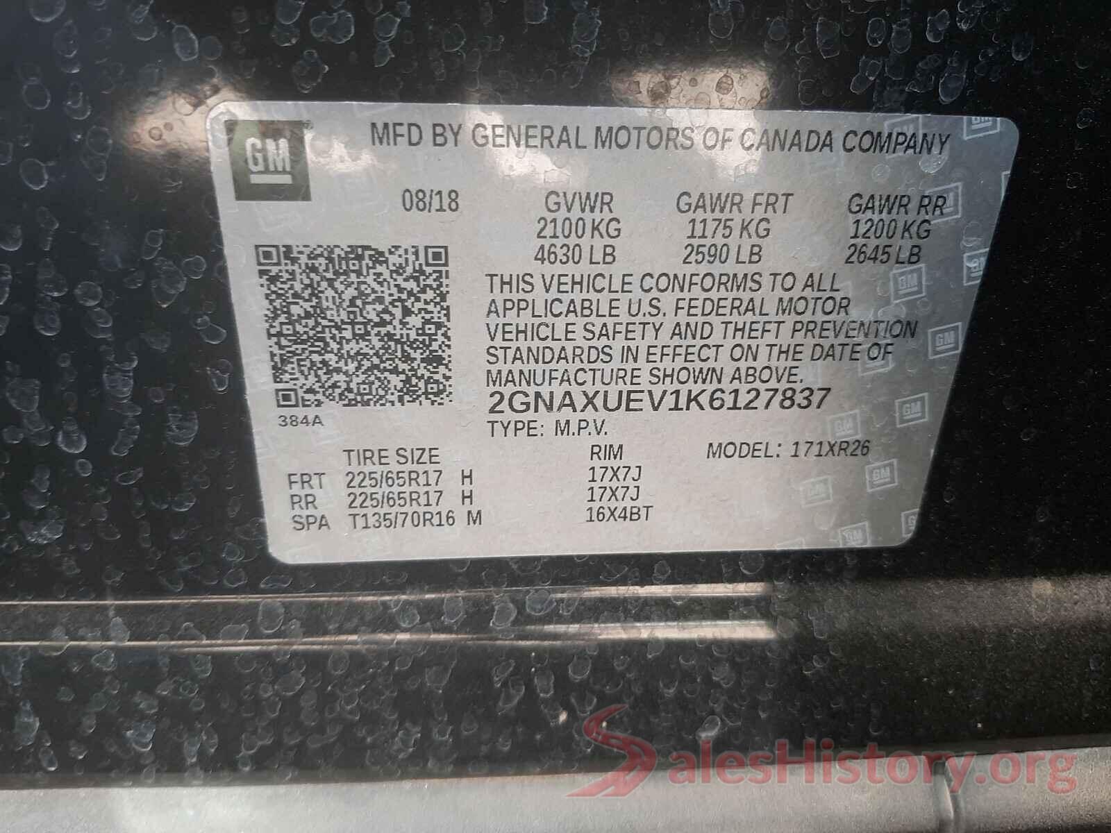 2GNAXUEV1K6127837 2019 CHEVROLET EQUINOX